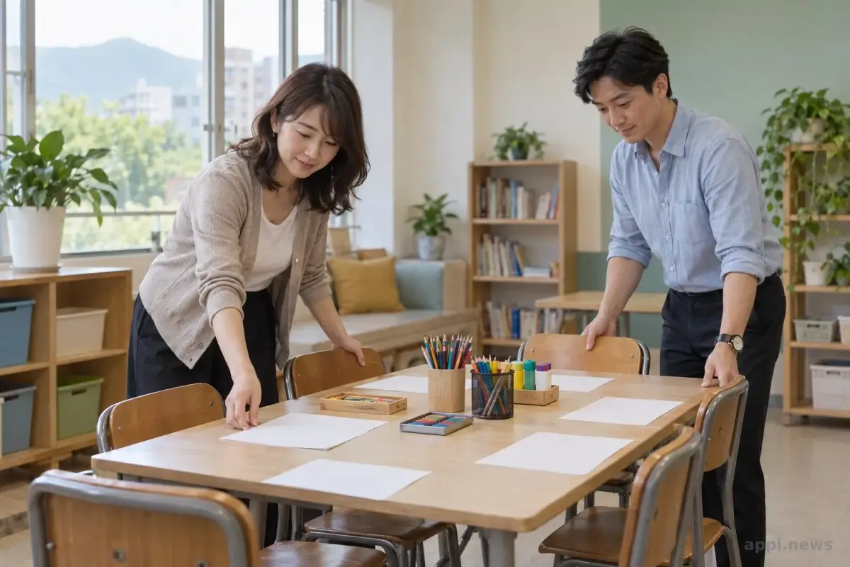 兩位成人在社區課後教室整理座椅與桌上的畫具