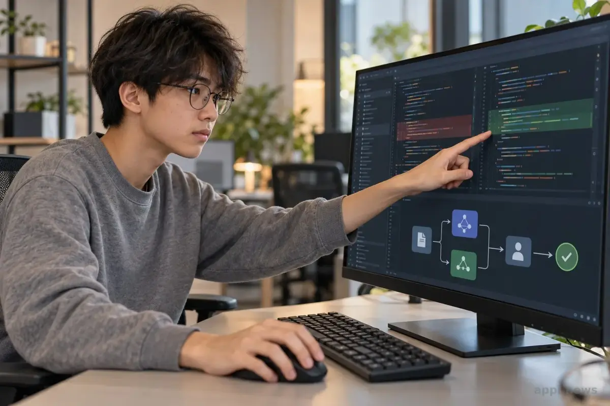 一位開發者在辦公室的螢幕前檢視程式碼與模型協作流程