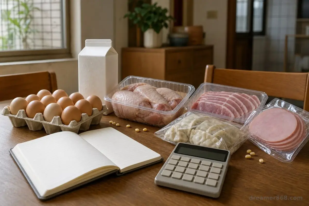 臺灣家庭餐桌上擺著肉、蛋、乳品與加工食品，旁邊放有玉米粒、計算機和家庭預算本。