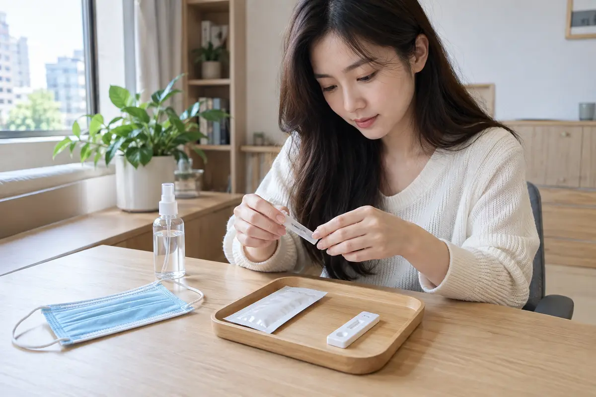 桌面上的口罩、快篩試劑與酒精瓶（示意圖）