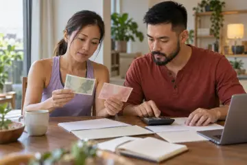 一對亞洲夫妻在家查看外幣投資文件，桌上放著計算機與美元、臺幣鈔票。