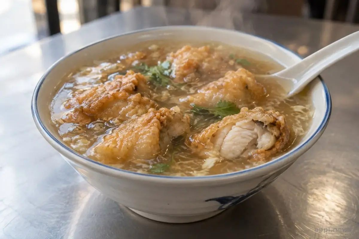 一碗盛著炸魚塊與勾芡濃湯的台式土魠魚羹，炸魚塊部分浸在湯中