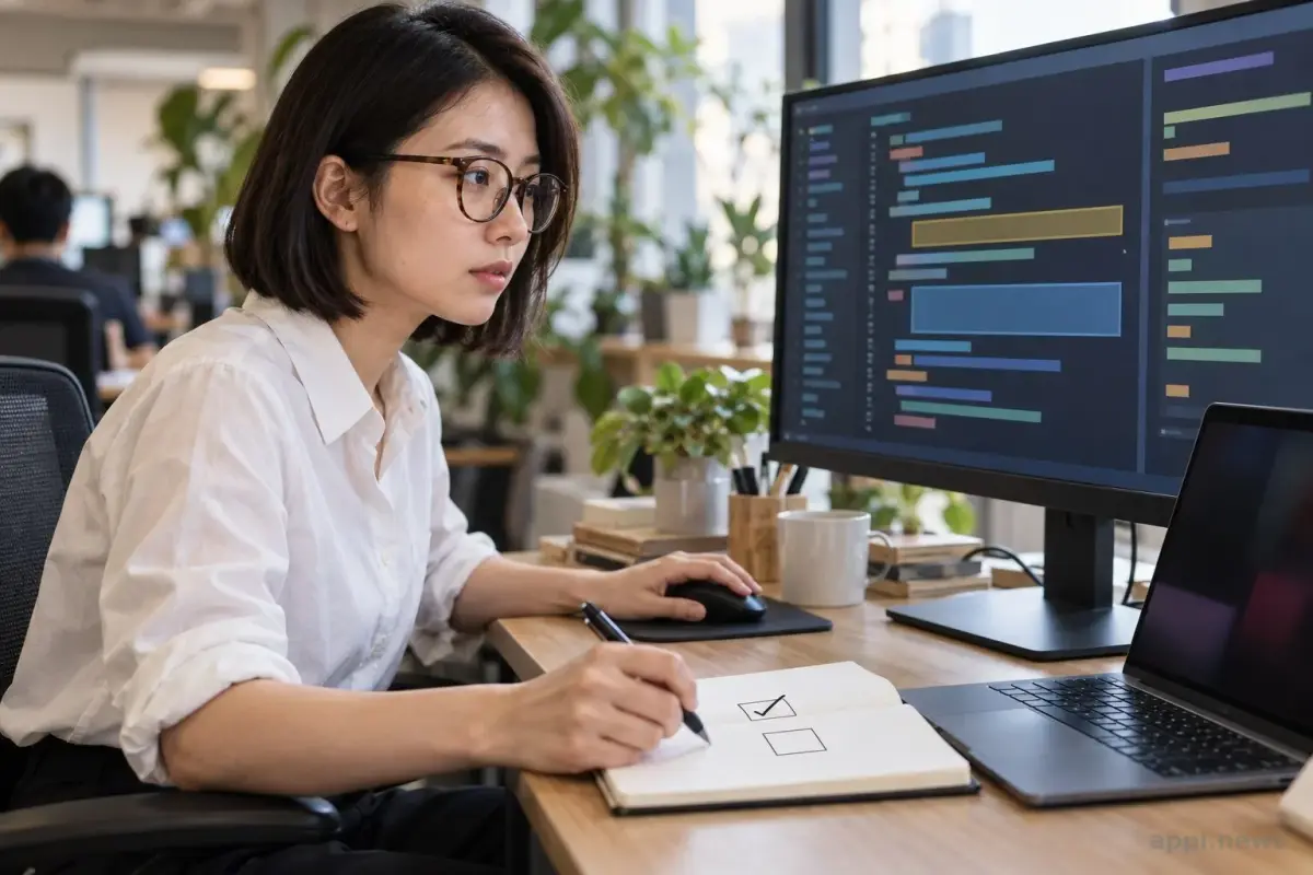 一位台灣工程師在辦公室檢視螢幕上的程式修改與測試結果。