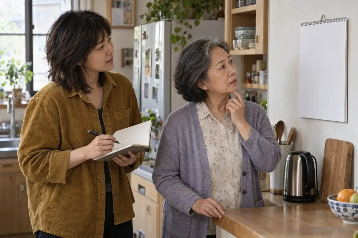一位年長女性站在家中廚房看著牆上日曆，成年女兒在旁傾聽。