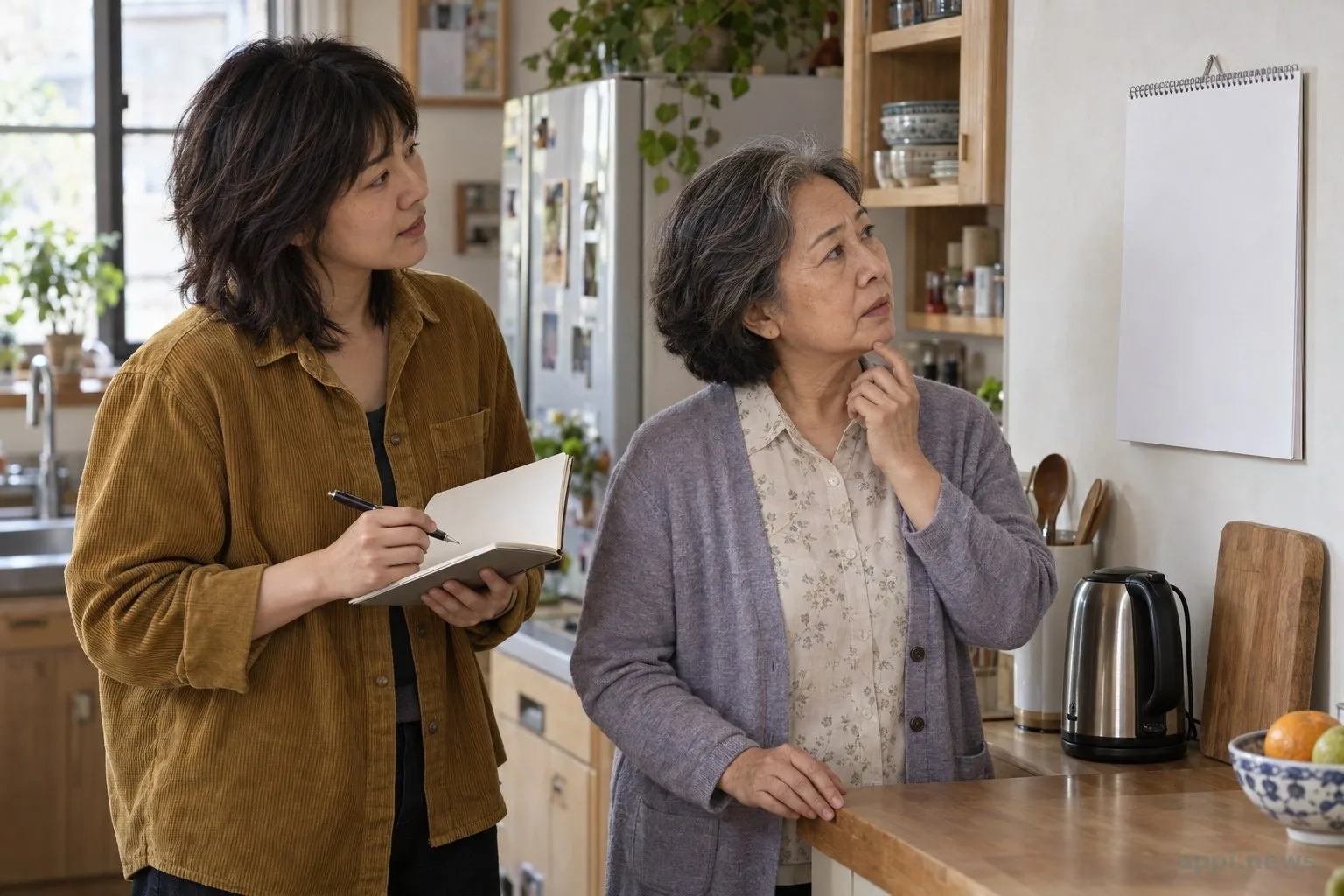 一位年長女性站在家中廚房看著牆上日曆，成年女兒在旁傾聽。