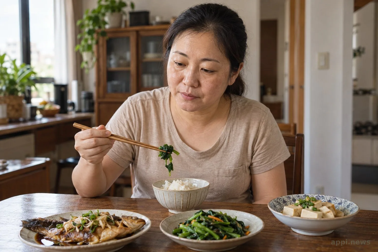 一位亞洲女性坐在台灣住家餐桌前，桌上有米飯、魚、蔬菜與豆腐。