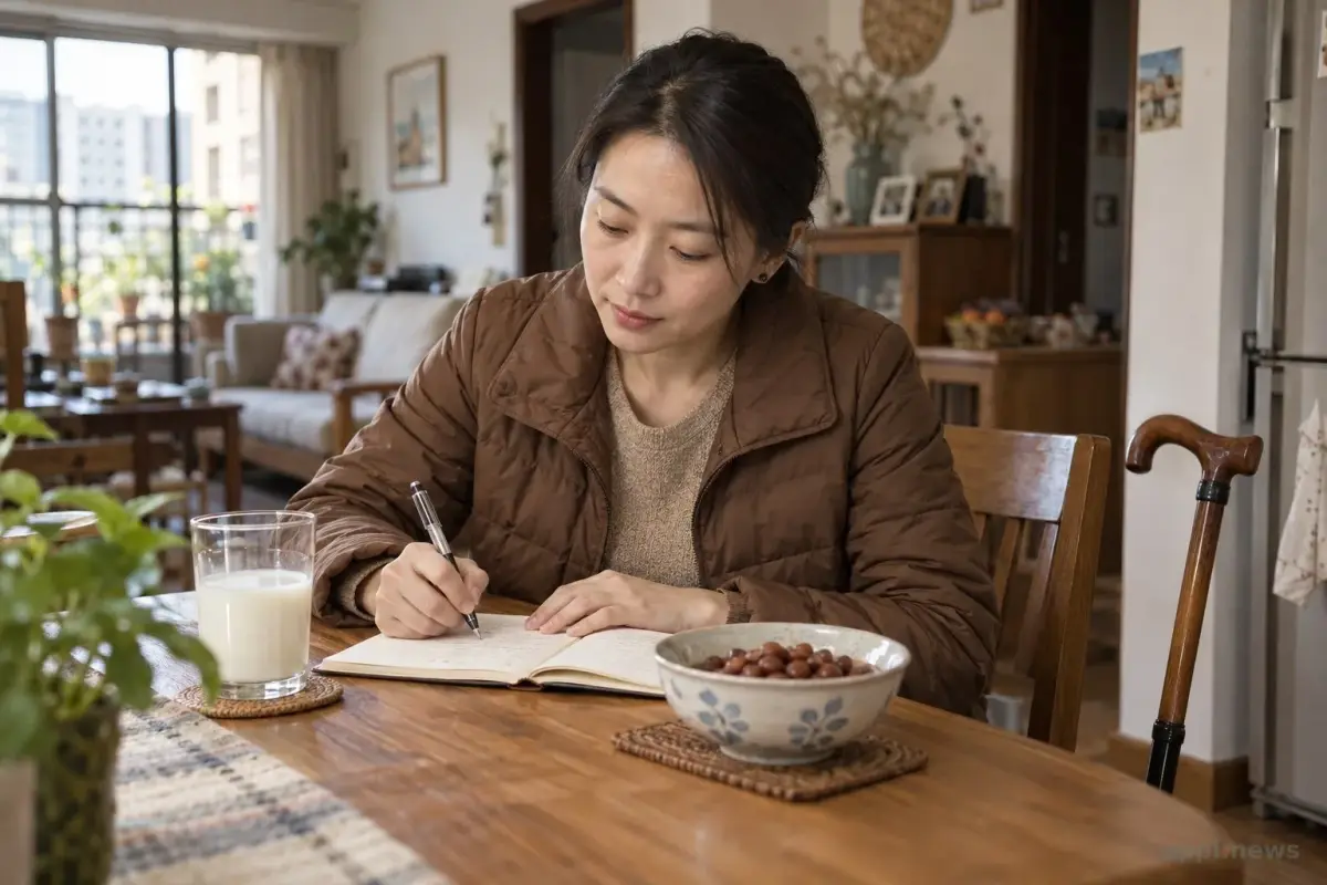 一名女性在餐桌旁記錄飲食，桌上放著牛奶、豆類與筆記本