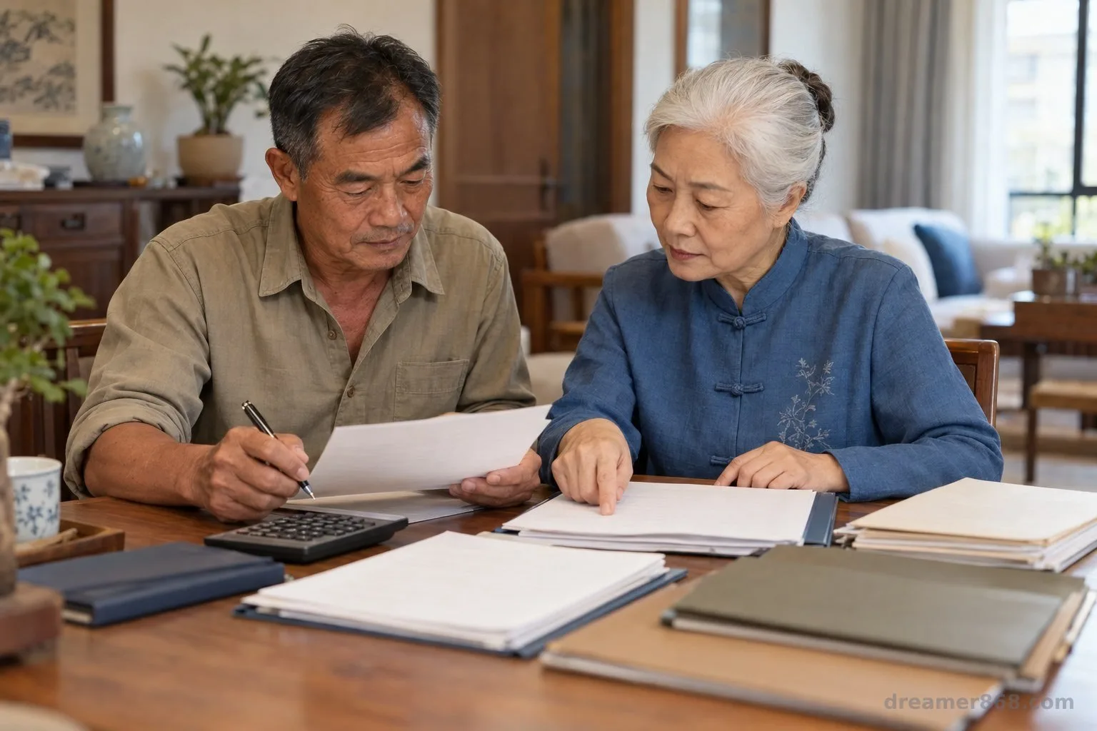 一對夫妻坐在餐桌旁，對照清冊、房屋文件、帳戶資料與貸款文件。