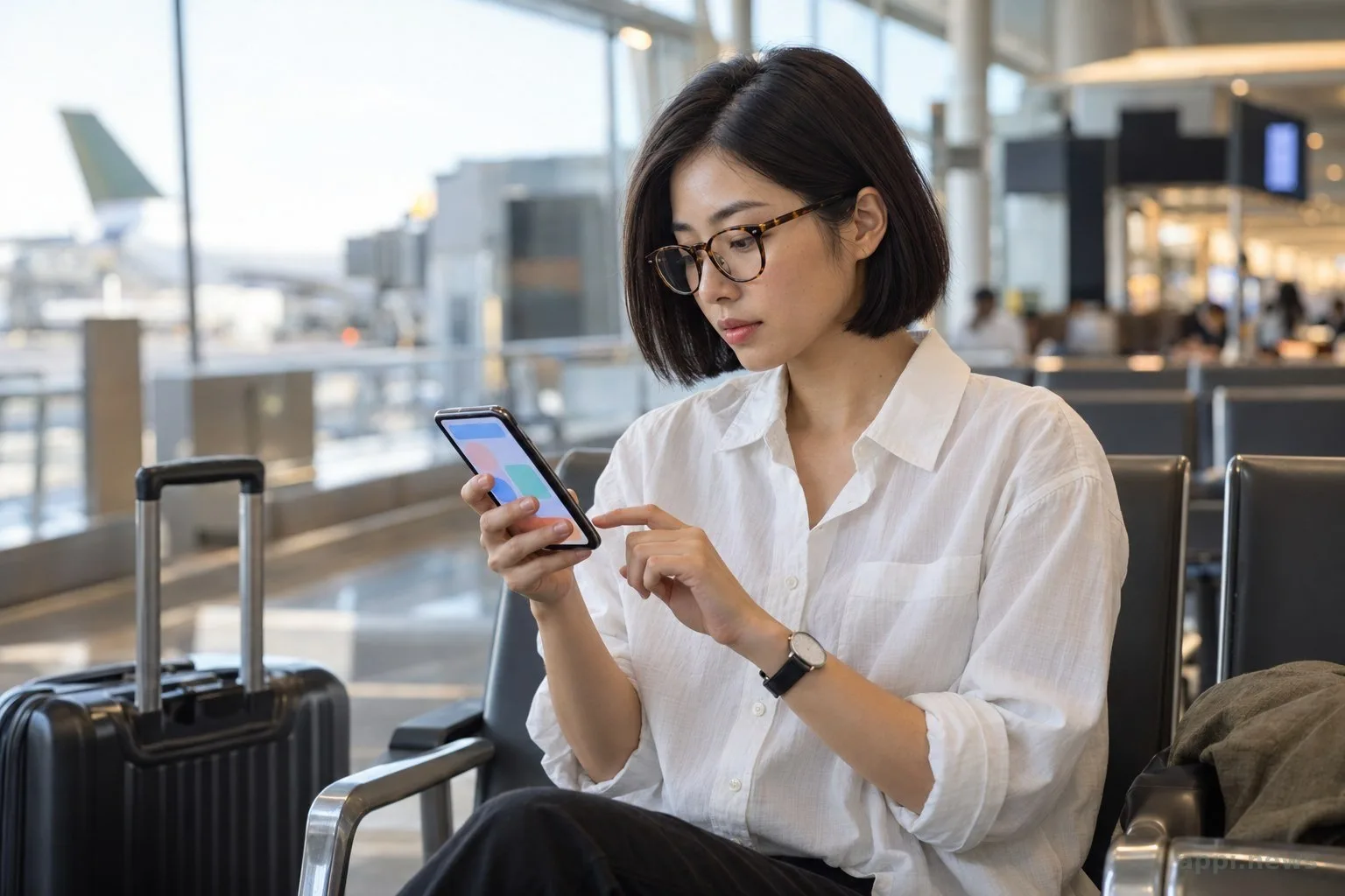 一名亞洲旅客在台灣機場候機區查看手機上的旅遊資訊。