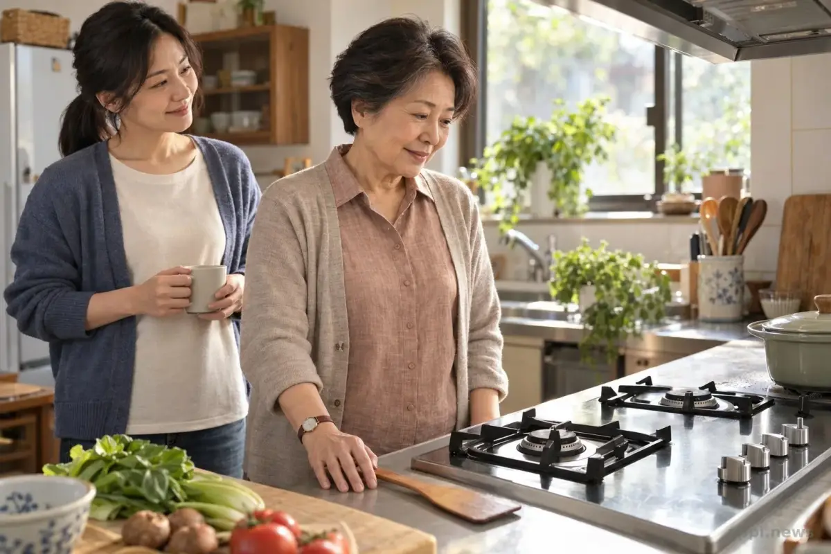 長者在爐火已關閉的住家廚房停下動作，家人在一旁留意。