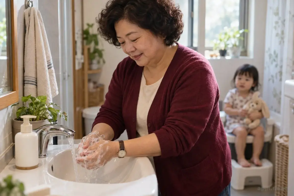 台灣居家環境中，照顧者在水槽前用肥皂洗手，幼兒在後方安全等候。