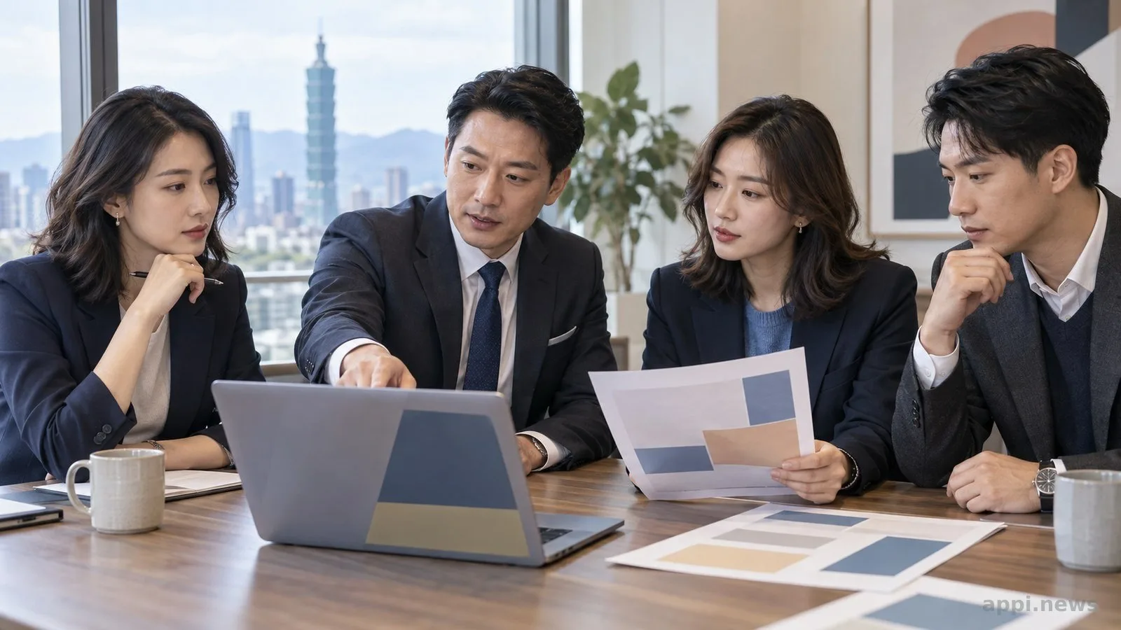 亞洲企業主管與團隊在會議室檢視筆電上的業務儀表板