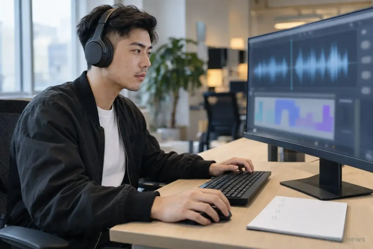 一位台灣開發者戴著耳機檢視螢幕上的音檔波形與語音辨識示範。