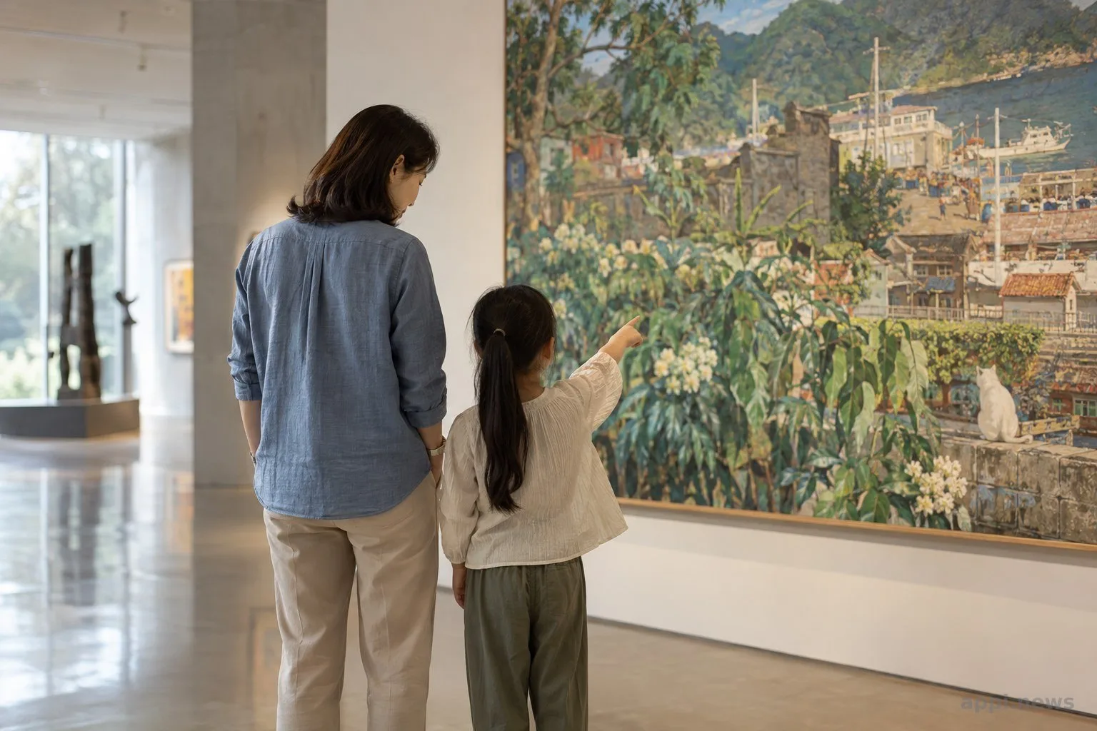 一位大人陪著孩子在美術館展間觀看彩色畫作，孩子伸手指出作品細節。