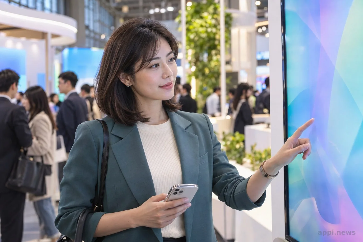 一位民眾在台北金融科技展的互動展示前體驗數位金融服務。