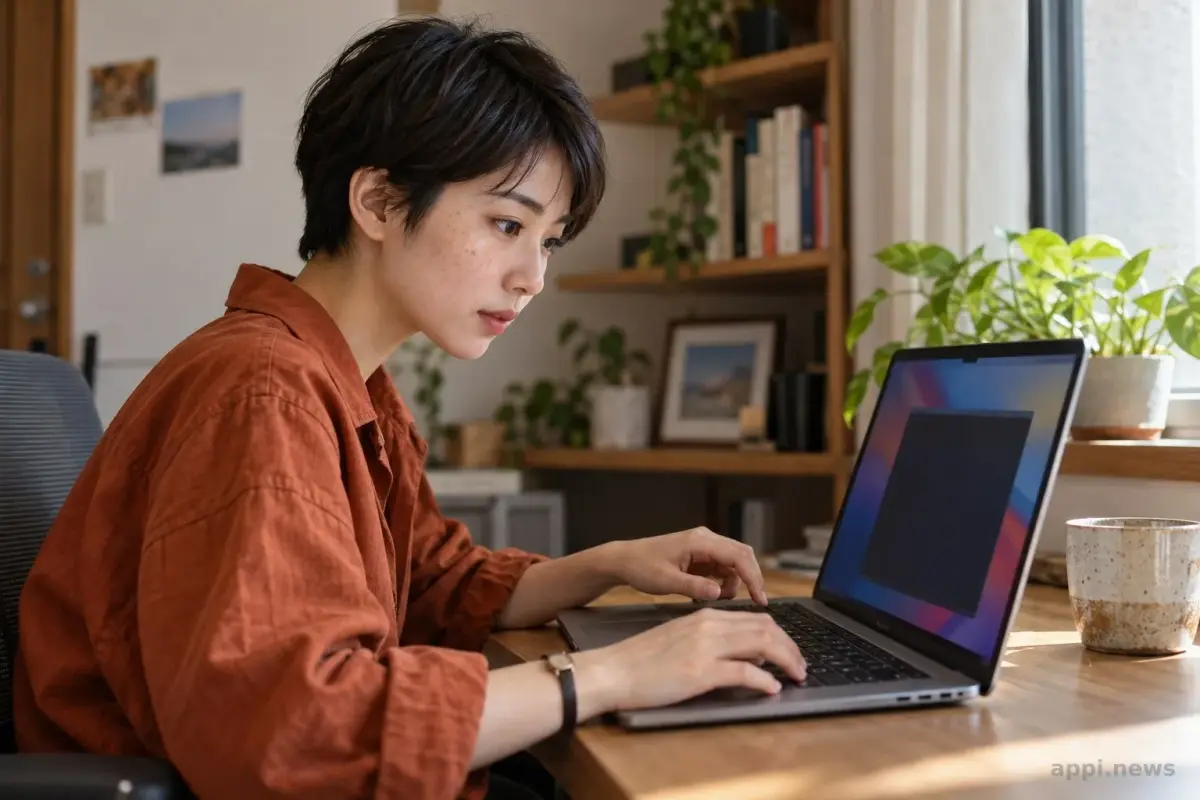 一位亞洲開發者在居家工作桌前操作 MacBook，螢幕上的終端機顯示 ollama run flint。