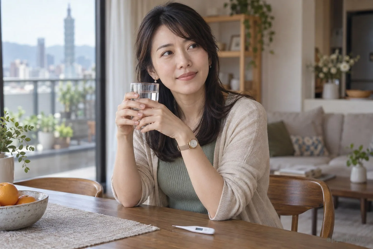 一位女性在家中坐著休息，桌上放著體溫計與一杯水。