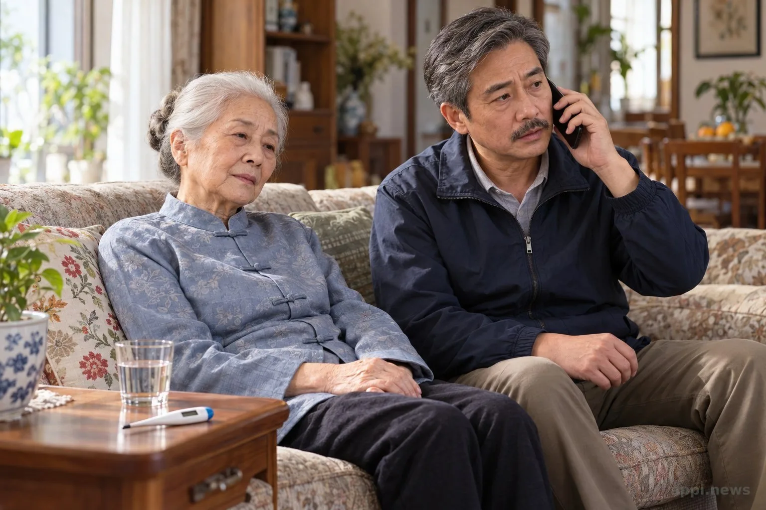 家人在住家陪伴休息中的長者，旁邊放著體溫計與一杯水