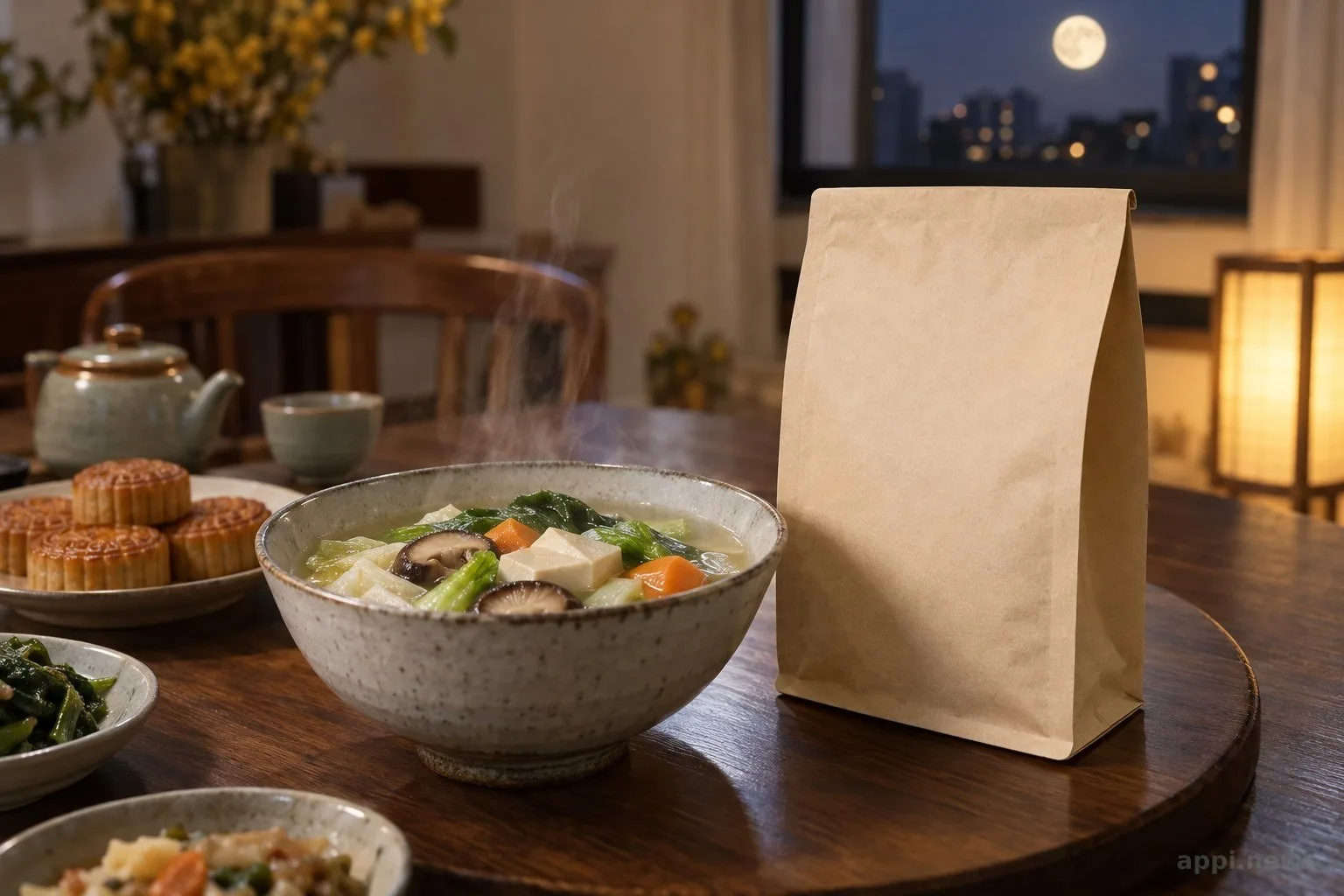 中秋餐桌上擺著一碗蔬食湯品與一份包裝食品，背景可見節慶餐桌布置。
