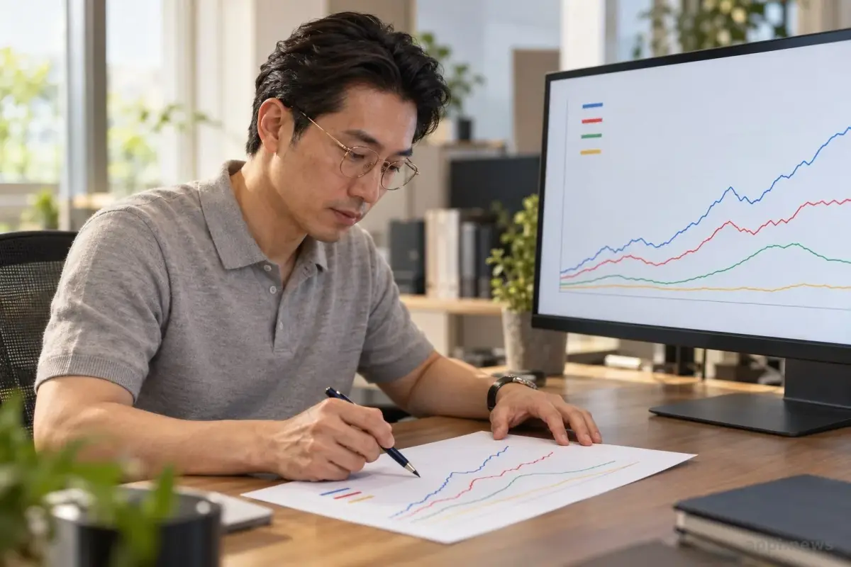 一位研究人員在螢幕與紙本圖表間核對折線和圖例