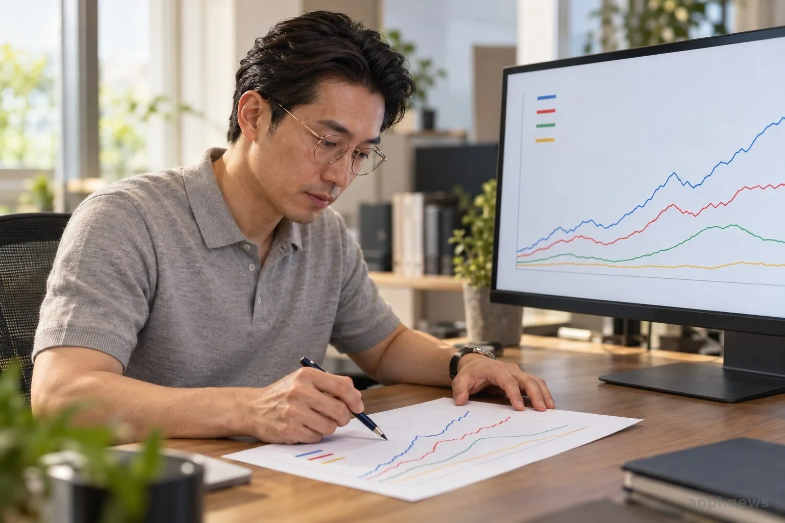 一位研究人員在螢幕與紙本圖表間核對折線和圖例