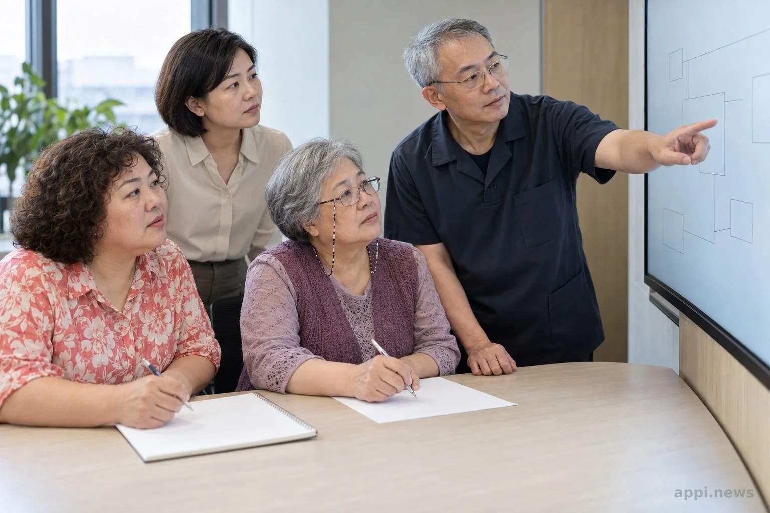 四位台灣企業員工在會議室裡,圍著牆上的大型螢幕討論雲端架構圖,畫面顯示多個未標示品牌的模型選項方塊