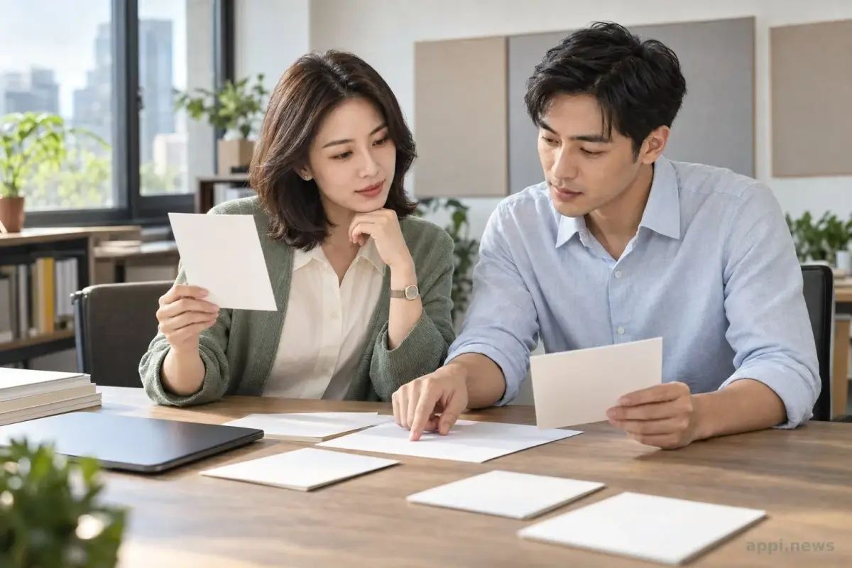 兩位亞洲醫療內容工作者在編輯室桌前比較模型卡與資料文件。