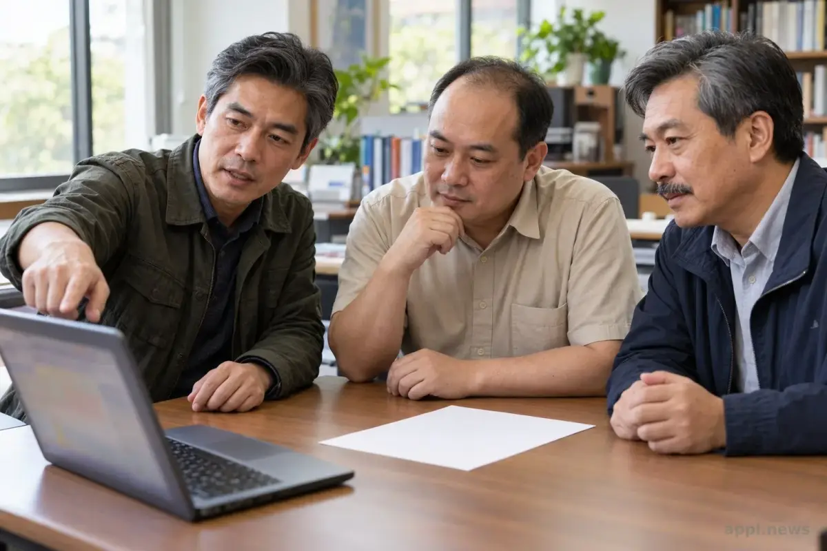 台灣研究團隊在大學研究空間圍著筆電討論方案申請。