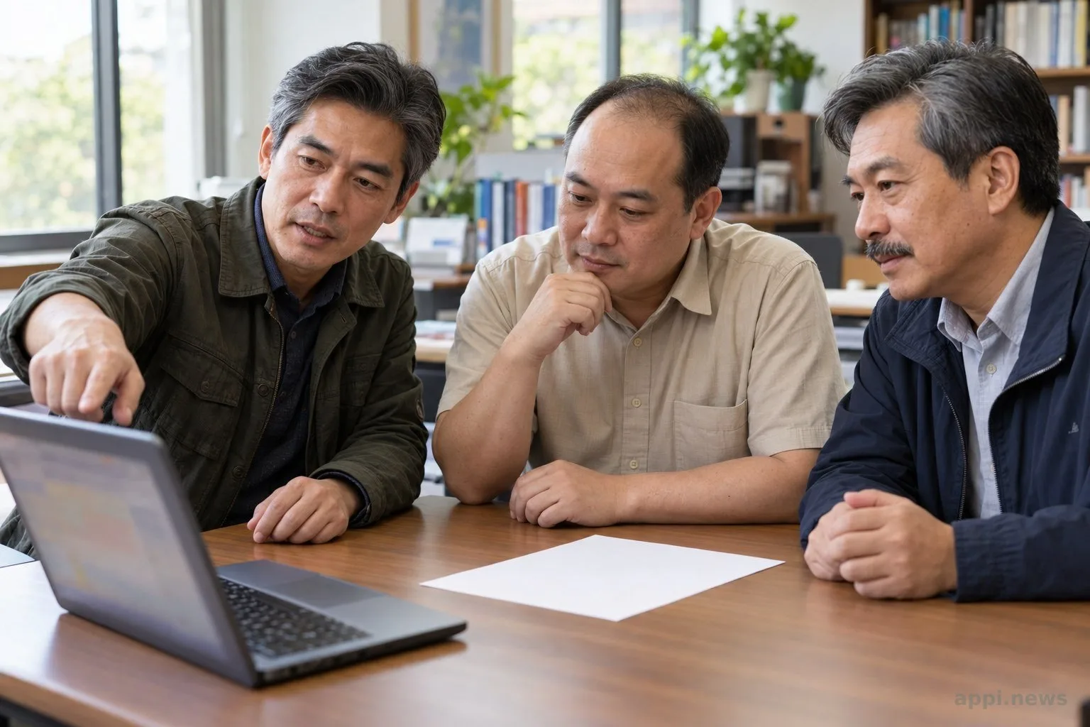 台灣研究團隊在大學研究空間圍著筆電討論方案申請。
