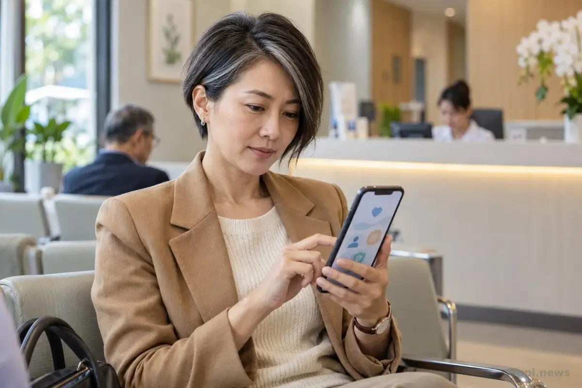 一位台灣民眾坐在診間候診區操作手機健康 App
