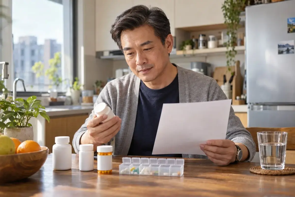 一名亞洲中年男性在家中餐桌旁核對用藥清單與排列整齊的藥瓶