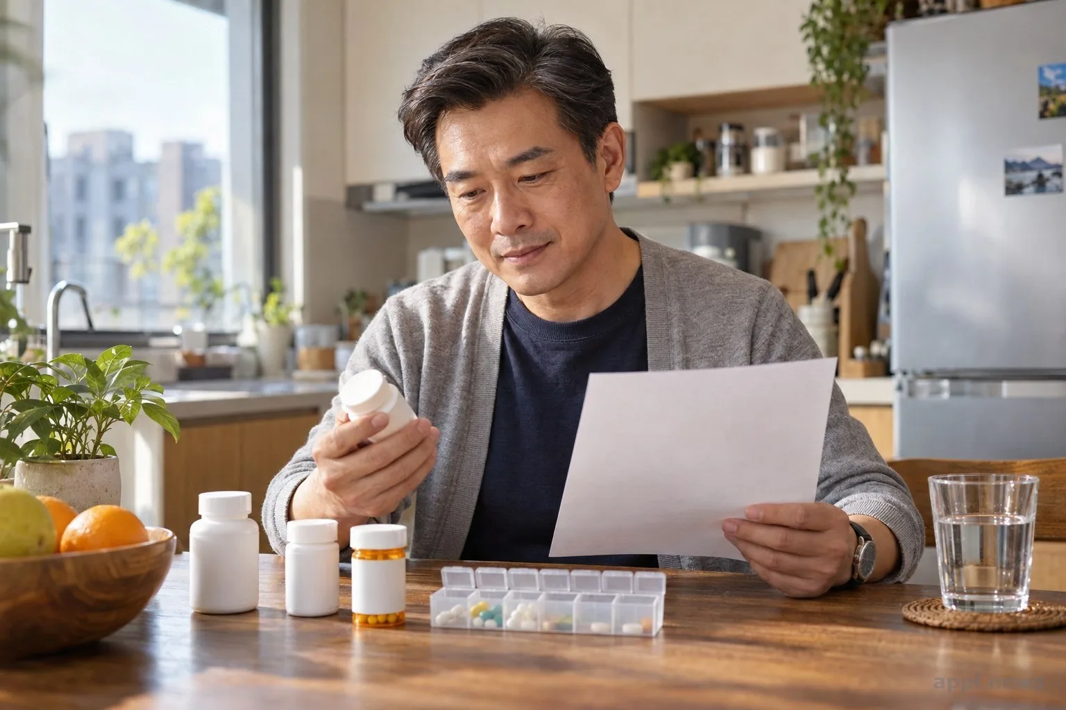 一名亞洲中年男性在家中餐桌旁核對用藥清單與排列整齊的藥瓶