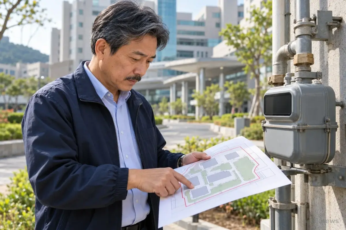 一名院方人員在醫院建築旁查看電表與院區平面圖。
