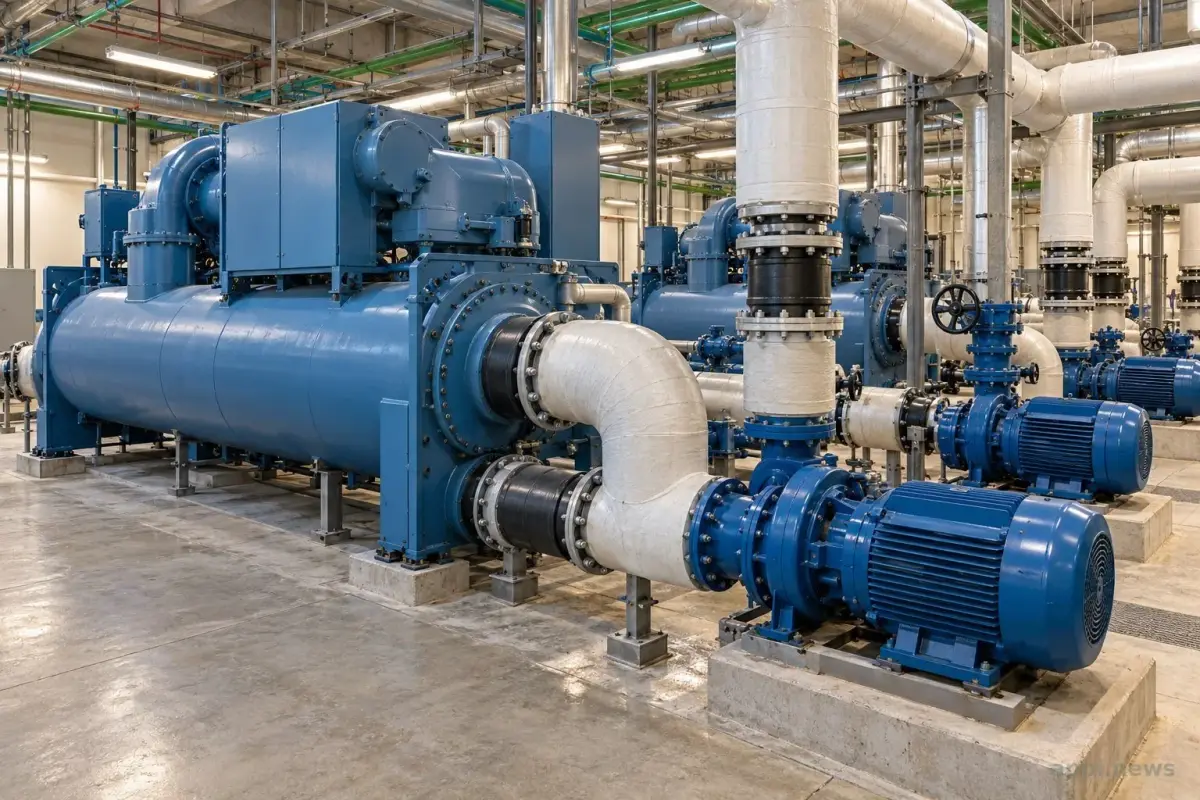 醫院機房內的冰水主機、管線與水泵設備