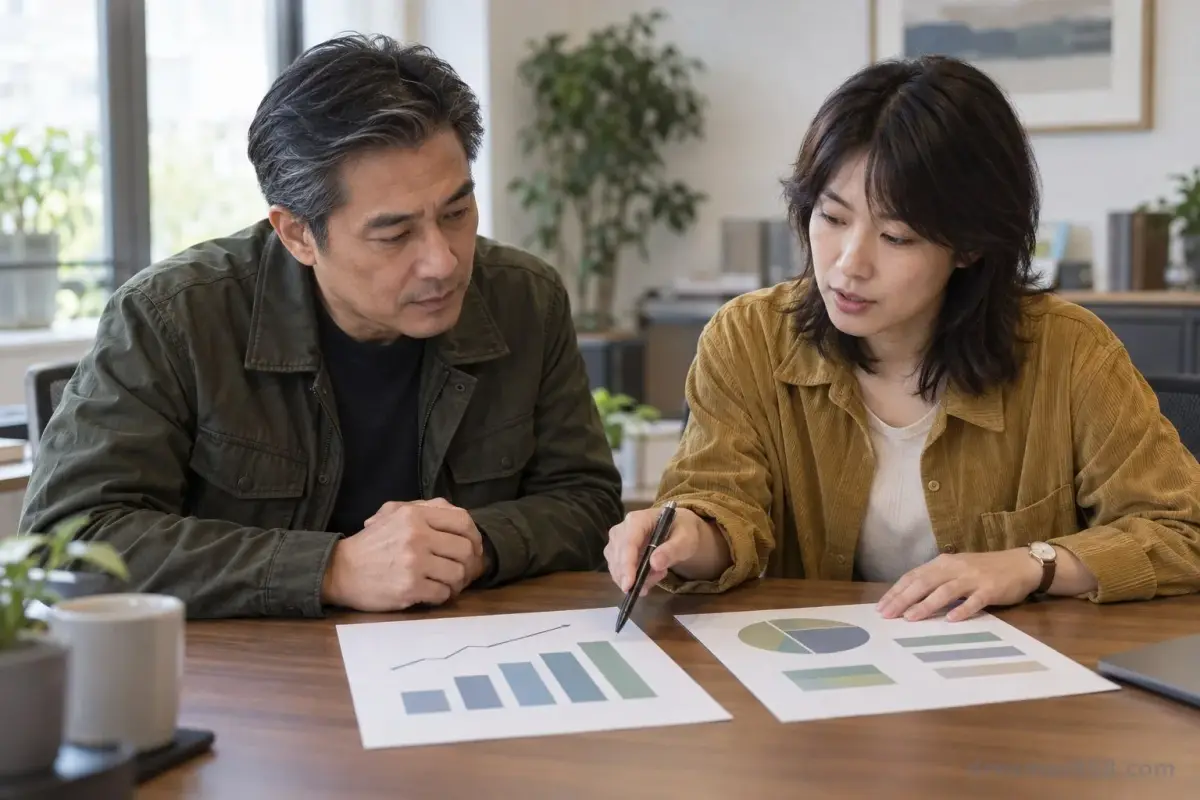 一位亞洲財務規劃師與客戶在桌前查看匯率圖表和投資文件。