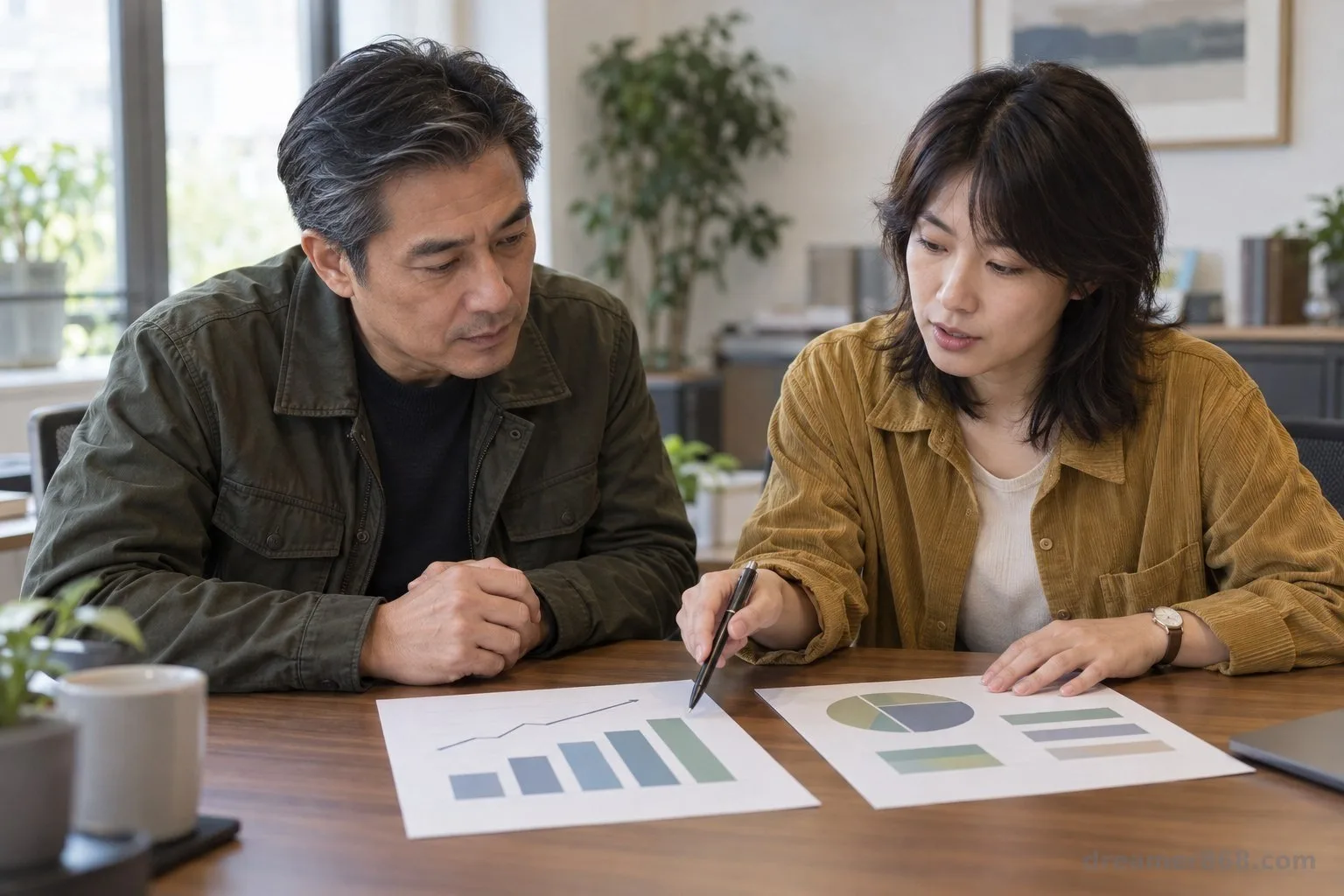 一位亞洲財務規劃師與客戶在桌前查看匯率圖表和投資文件。