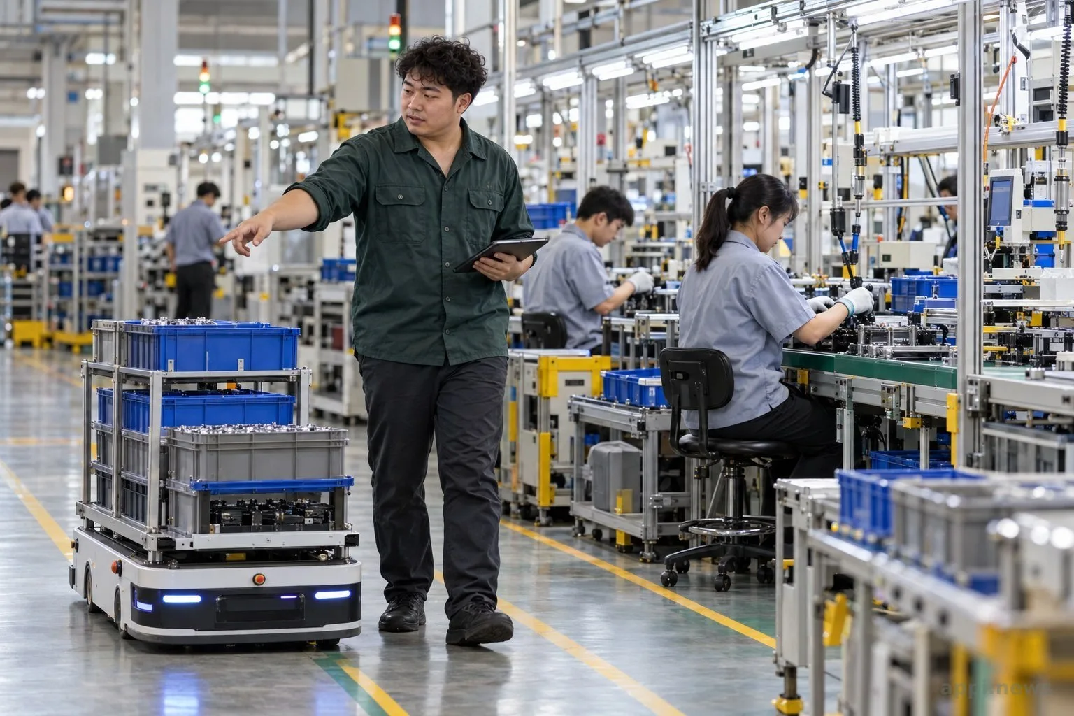 自主移動機器人載著物料行經工廠組裝線旁