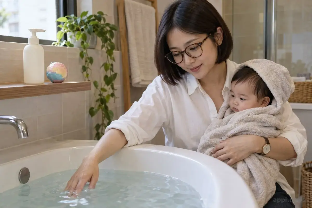 照顧者準備嬰幼兒洗澡，浴用品旁分開放著未拆封的泡澡球與嬰兒沐浴用品