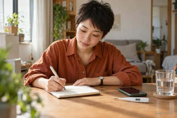 一位台灣成人在家中記錄症狀開始時間，桌上放著手機、筆記本與體溫計。