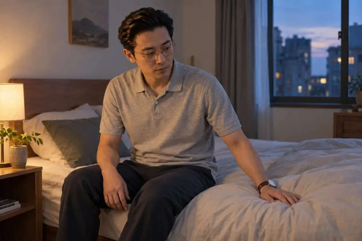 一名亞洲成年人傍晚坐在臥室床沿，神情疲倦但仍清醒。