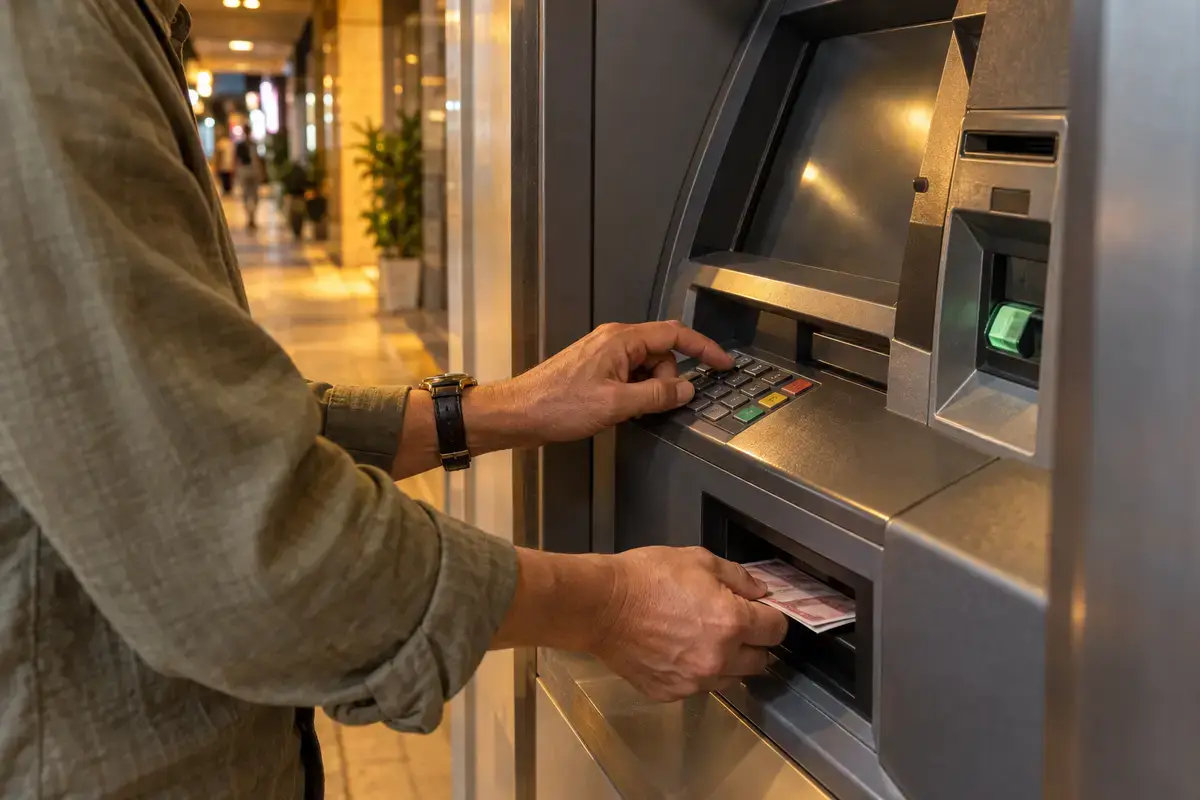 夜間銀行外的 ATM 提領現金場景