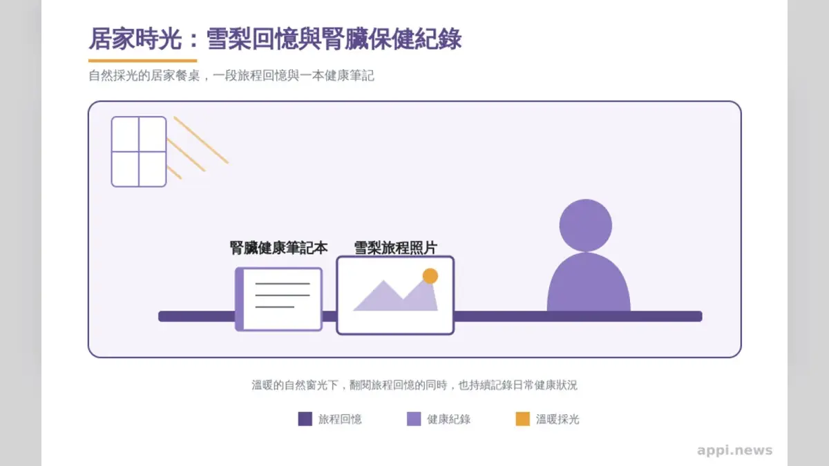 台灣長者在家中查看雪梨旅程照片，旁邊放著腎臟健康筆記本