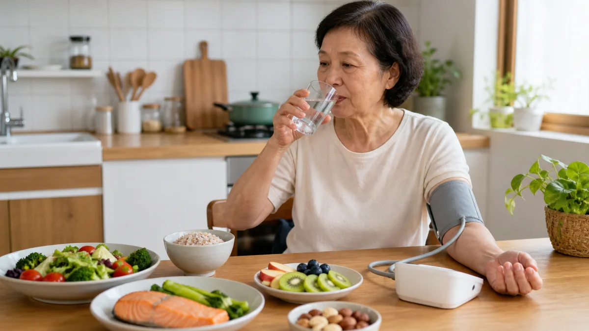均衡飲食、喝水與量血壓的護腎日常示意