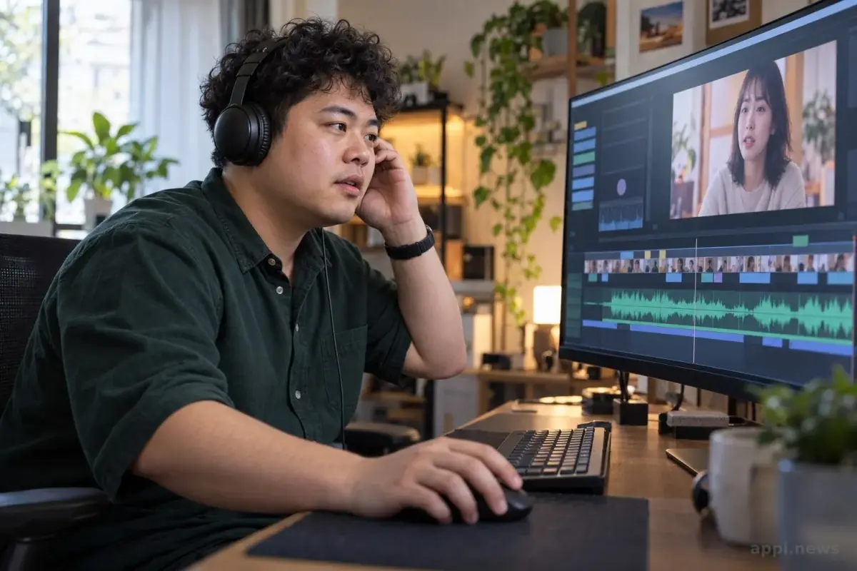 一位創作者在剪輯工作站檢視影片預覽與音訊波形