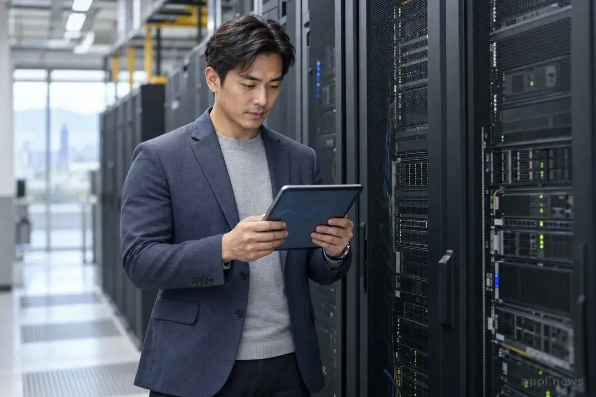 一位台灣企業資訊人員在機房查看平板，身旁是伺服器機櫃。