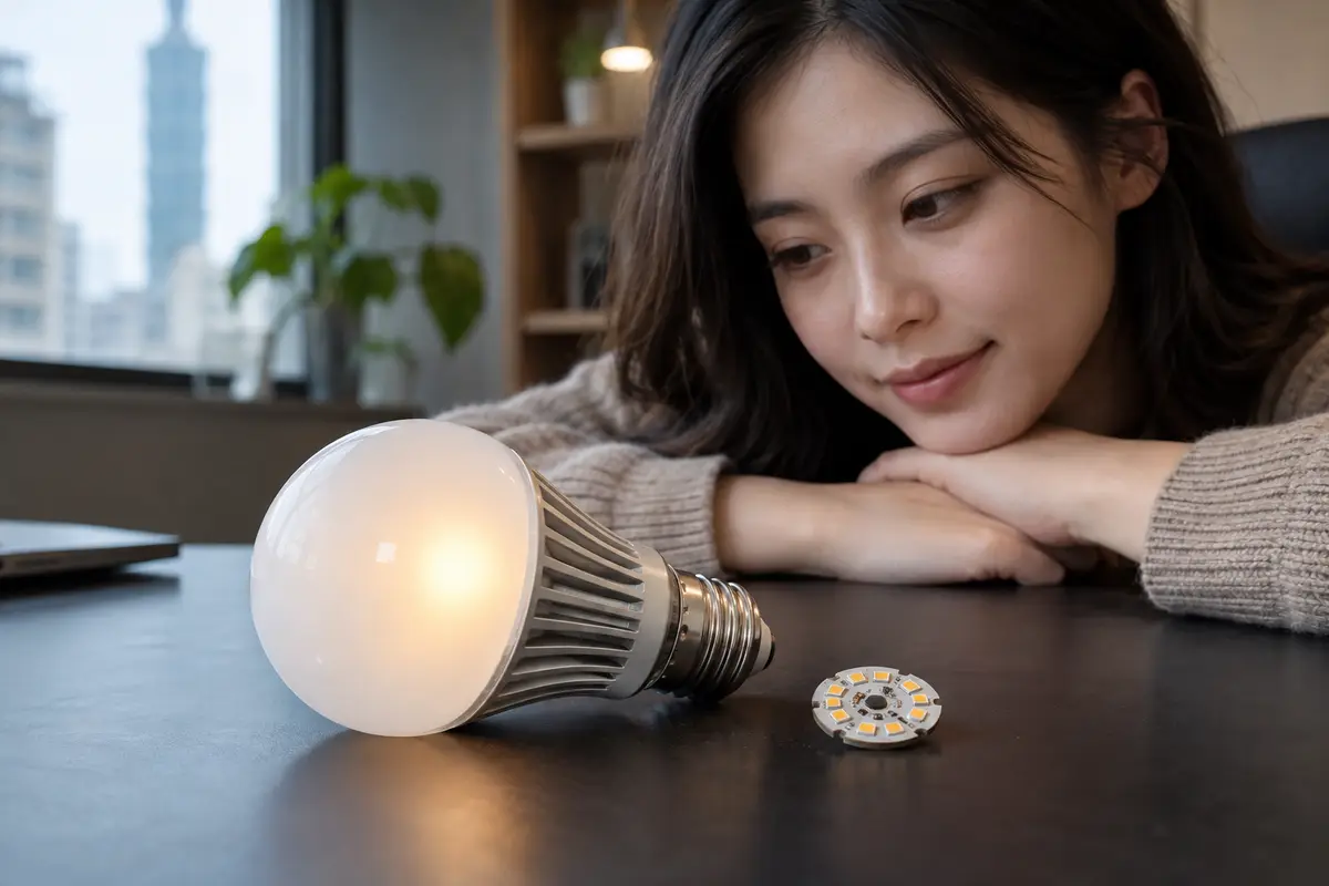 桌面上的 LED 燈泡與發光二極體晶片特寫（示意圖）