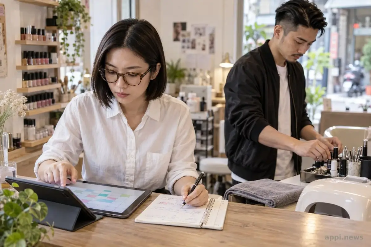 台灣美甲店店主在櫃台查看平板與手寫預約表，員工在一旁準備營業。