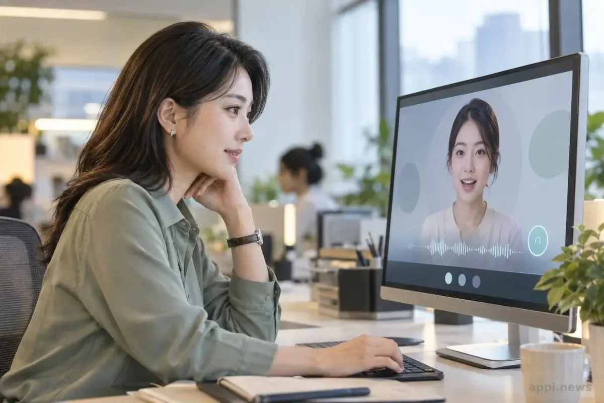 一位客服人員在辦公室透過螢幕與虛擬化身即時對話。