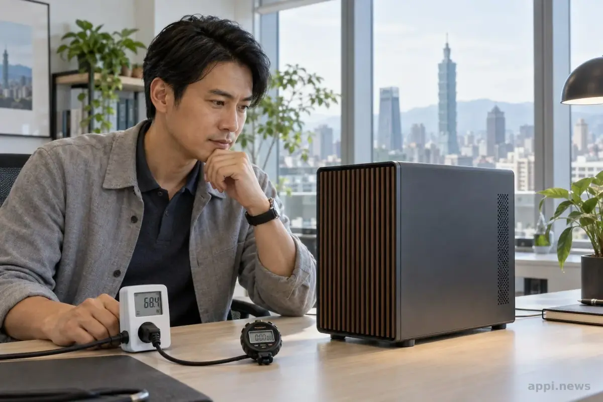 一位亞洲工程師在辦公桌旁檢視桌上型工作站，桌面放著電力計與碼錶。