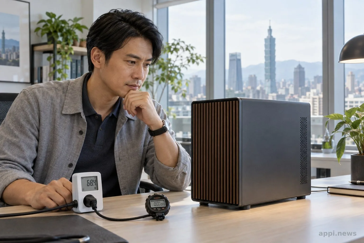 一位亞洲工程師在辦公桌旁檢視桌上型工作站，桌面放著電力計與碼錶。